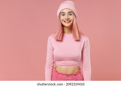 Young Smiling Fun Cute Caucasian Woman 20s With Bright Dyed Rose Hair Wearing Rosy Top Shirt Hat Isolated On Plain Light Pastel Pink Color Background Studio Portrait. People Lifestyle Fashion Concept