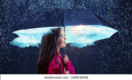 Young Smiling Girl Under Umbrella