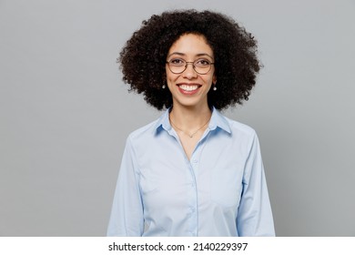 Young Smiling Happy Cheerful Employee Business Corporate Lawyer Woman Of African American Ethnicity 20s Wear Classic Formal Shirt Work In Office Look Camera Isolated On Grey Color Background Studio