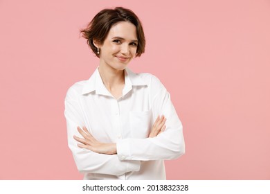 Young Smiling Happy Successful Employee Business Woman Corporate Lawyer 20s Wear Classic Formal White Shirt Work In Office Hold Hands Crossed Folded Isolated On Pastel Pink Background Studio Portrait