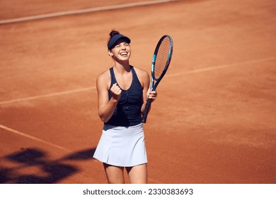 Young, smiling, happy wan in sportswear, tennis player standing with tennis racket, showing winning emotions. SUccessful, winning game. Concept of sport, hobby, active lifestyle, health, strength, ad - Powered by Shutterstock