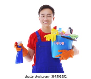 Young Smiling Male Cleaner Isolated On White