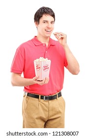 Young Smiling Man Eating Popcorn Isolated On White Background