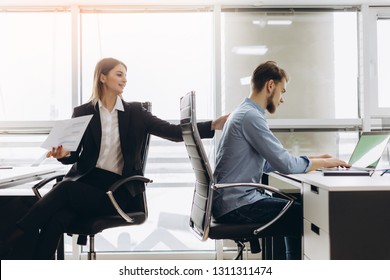 Young Smiling Personal Assistant Giving Document To Office Worker In His Office, Female Accountant Reporting Great Work To Ceo, Junior Manager Showing To Executive Increased Financials