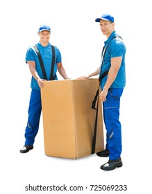 Young Smiling Professional Movers With Cardboard Box Against White Background