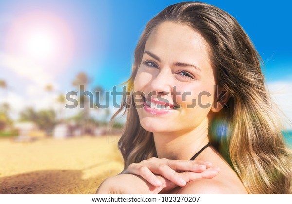 Young Smiling Woman Bikini Tropical Beach Stock Photo 1823270207