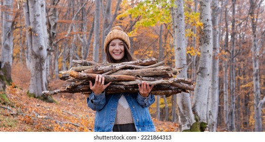 Young smiling woman with brown hat carring firewood in her hands in the forest. Preparing firewood for winter concept, collecting firewood for camping in the mountain. - Shutterstock ID 2221864313