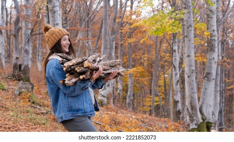 Young smiling woman carries firewood in her hands in the forest. Preparing firewood for winter concept.  - Powered by Shutterstock