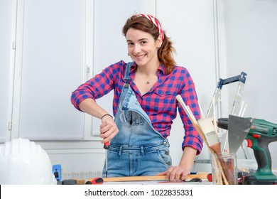 Young Smiling Woman Doing DIY Work At Home