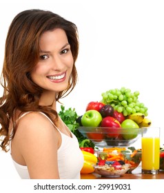 Young Smiling Woman  With Fruits And Vegetables. Over White Background