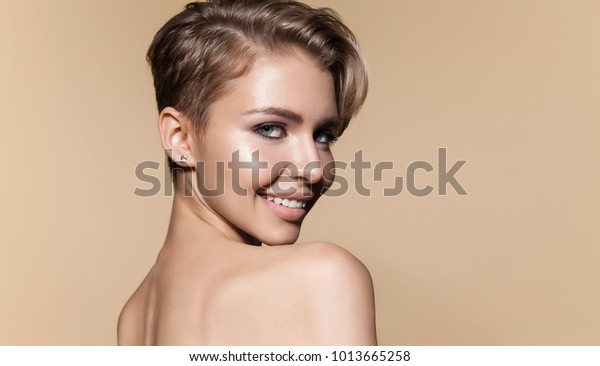 Young Smiling Woman Modern Short Hairstyle Stock Photo Edit Now