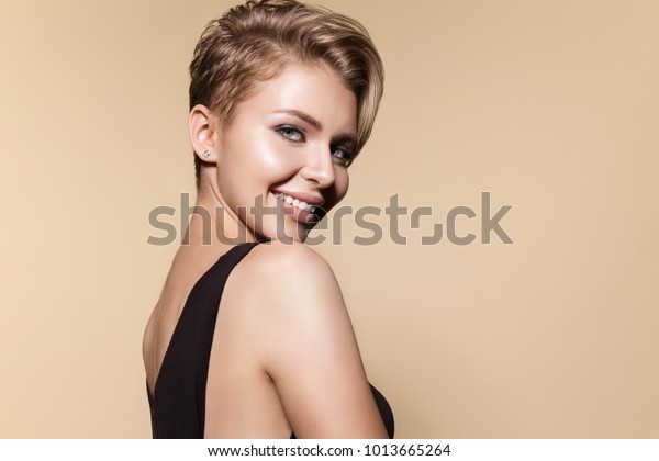 Young Smiling Woman Modern Short Hairstyle Beauty Fashion Stock