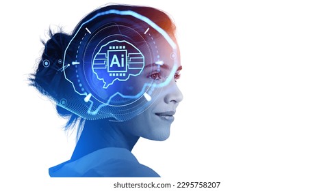 Young smiling woman portrait silhouette with AI brain hologram hud, double exposure chip with digital lines, copy space white background. Concept of artificial intelligence and technology - Powered by Shutterstock - Get 15% off with code: PIKWIZARD15