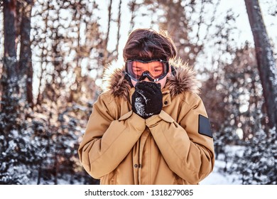 Young snowboarder dressed in warm clothes and goggles, warms his hands standing in the snowy forest during sunrise