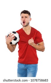 Young Soccer Fan With Red Shirt Ball In Hands On White Background