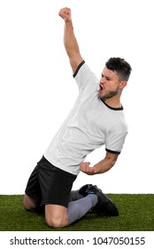 Young Soccer Player On Grass With White Shirt On White Background