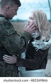 Young Soldier Saying Goodbye To His Beautiful Girlfriend