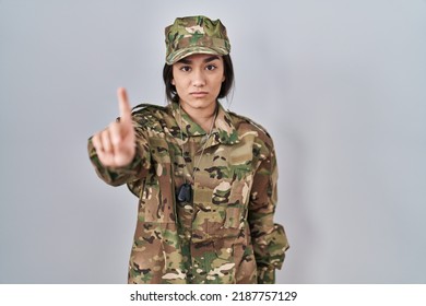 Young South Asian Woman Wearing Camouflage Army Uniform Pointing With Finger Up And Angry Expression, Showing No Gesture 