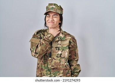 Young South Asian Woman Wearing Camouflage Army Uniform Touching Painful Neck, Sore Throat For Flu, Clod And Infection 