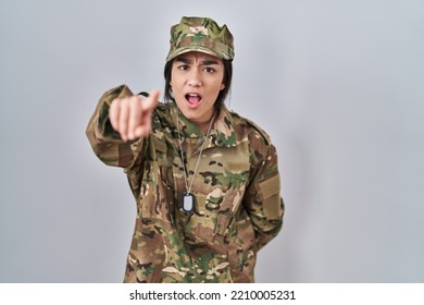 Young South Asian Woman Wearing Camouflage Army Uniform Pointing Displeased And Frustrated To The Camera, Angry And Furious With You 