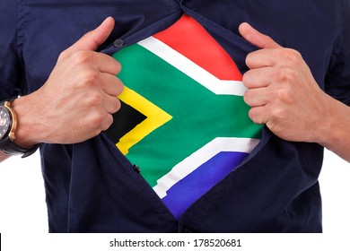 Young Sport Fan Opening His Shirt And Showing The Flag His Country South Africa, South African Flag