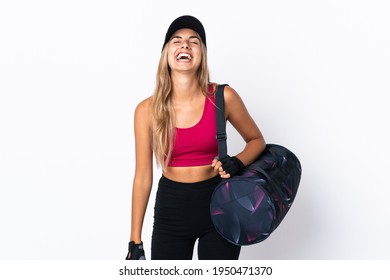 Young Sport Woman With Sport Bag Over Isolated White Background Laughing