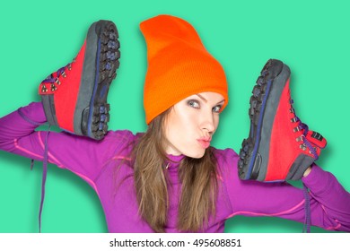 Young Sport Woman Holding Hiking Boots, Active Healthy Lifestyle Concept, Hiker, Tourism