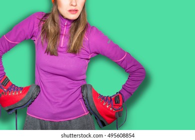 Young Sport Woman Holding Hiking Boots, Active Healthy Lifestyle Concept, Hiker, Tourism