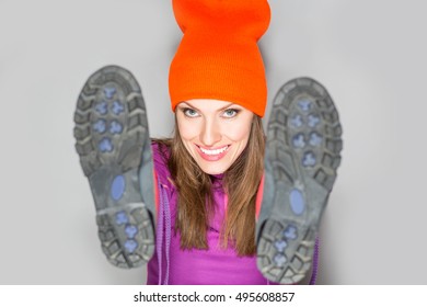 Young Sport Woman Holding Hiking Boots, Active Healthy Lifestyle Concept, Hiker, Tourism, Focus On Face