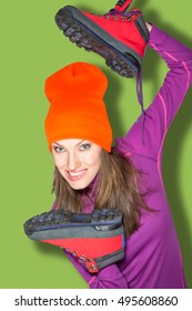 Young Sport Woman Holding Hiking Boots, Active Healthy Lifestyle Concept, Hiker, Tourism