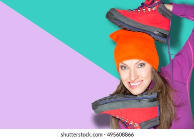 Young Sport Woman Holding Hiking Boots, Active Healthy Lifestyle Concept, Hiker, Tourism