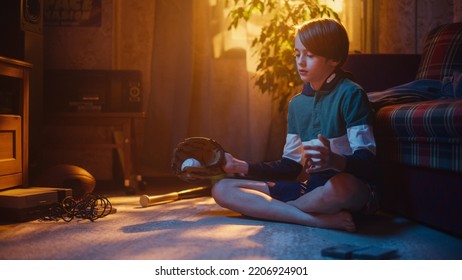 Young Sports Fan Playing With Baseball Ball And Glove At Home In Living Room With Vintage Interior. Excited Boy Having Fun And Enjoying Leisure Time In Nostalgic Retro Childhood Concept.