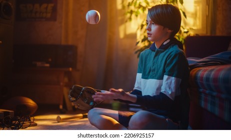 Young Sports Fan Playing With Baseball Ball And Glove At Home In Living Room With Vintage Interior. Excited Teenage Boy Having Fun And Enjoying Leisure Time In Nostalgic Retro Childhood Concept.