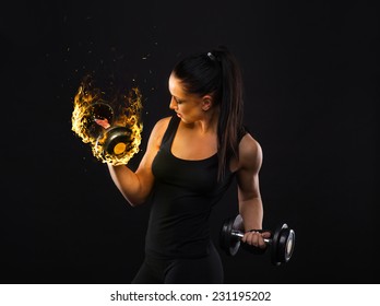 Young sports-looking nice lady with dark hair shows various performs exercises with equipment on the black background in studio