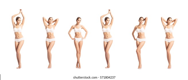 Young, Sporty And Fit Girl In White Underwear. Isolated Background. Set Collection. Fitness Concept. 