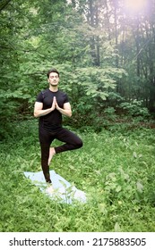 Young Sporty Man In Black Sportswear Doing Yoga And Demonstrating Yoga Tree Pose On The Nature