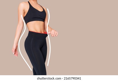 Young sporty woman in line silhouete shows perfect shape.