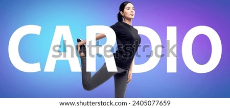 Young sporty woman warms up among big tag word CARDIO. Over blue background.