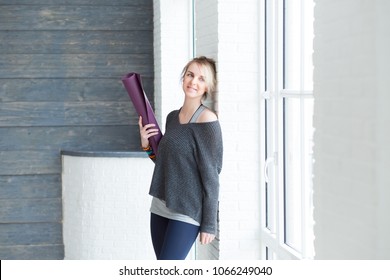 Young Sporty Yogi Woman Portrait On Dark Grey Wooden Background After Practices Yoga Asana