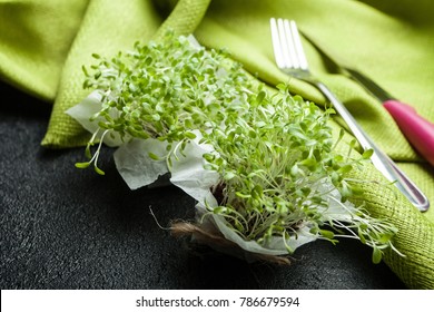 Young Sprouts Of Micro-green Salad. Improvement Of The Body From Toxins.