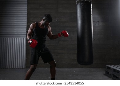 young strong african american boxer in red gloves hits punching bag, muscular athlete trains punch in dark gym and does sports on black background - Powered by Shutterstock