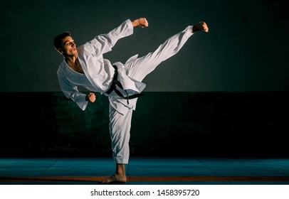 A young strong man in a white kimono for sambo, jiu jitsu and other martial arts with a black belt training in gym, low key, high contrast - Powered by Shutterstock