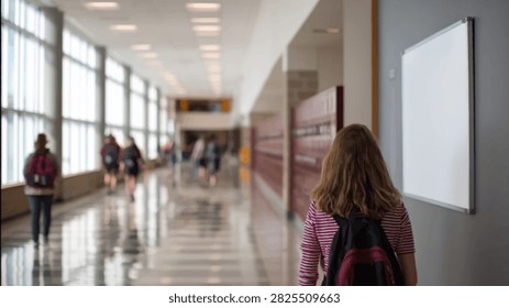 A young student with a backpack walks down a modern school hallway, passing by lockers and large windows.