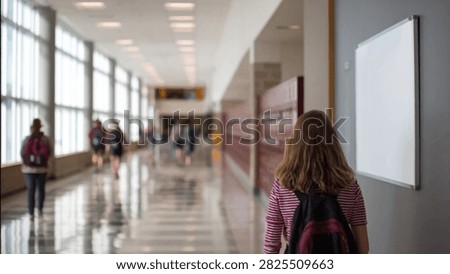 A young student with a backpack walks down a modern school hallway, passing by lockers and large windows.