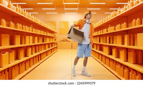 Young student in casual clothes holding cartboard box went out window shopping. Black Friday sales. 3D model of supermarket. Concept of shopping, hypermarket, purchasing. Copy space for ad - Powered by Shutterstock