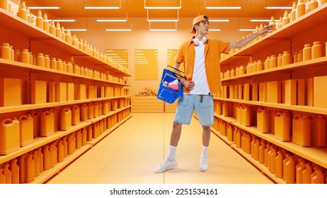 Young student in casual clothes holding cartboard box went out window shopping. Black Friday sales. 3D model of supermarket. Concept of shopping, hypermarket, purchasing. Copy space for ad - Shutterstock ID 2251534161
