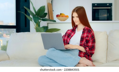 Young Student Caucasian Freelancer Housewife In Casual Clothes Plaid Short Businesswoman Girl Sits On Sofa Search Job Vacancy In Internet Check Email Message Pay Bills Online Self-education E-learning