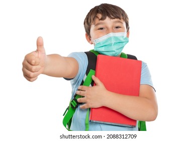 Young Student Child Kid Little Boy Wearing Face Mask Against Coronavirus Showing Thumbs Up Corona Virus COVID-19 Covid Isolated On A White Background