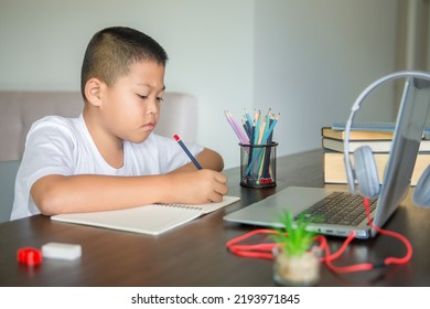 Young Student Distance Learning Virtual Distance Online Class On Video Call Virtual Lesson, Technology Studying At Home Using Laptop Computer. Parent Or Tutor Teaching Child Boy With Remote Education.