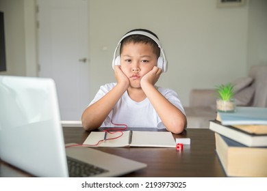 Young Student Distance Learning Virtual Distance Online Class On Video Call Virtual Lesson, Technology Studying At Home Using Laptop Computer. Parent Or Tutor Teaching Child Boy With Remote Education.